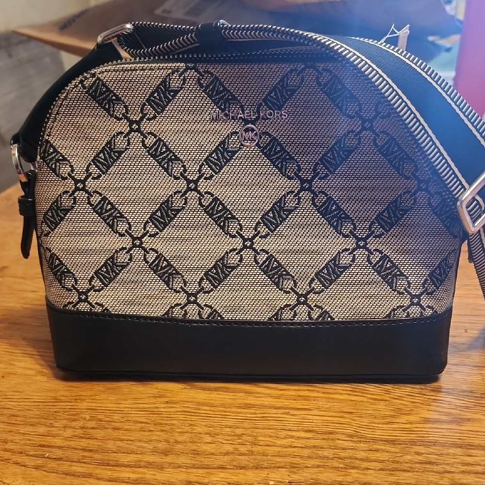 Michael Kors Beige and Black Signature Dome Crossbody